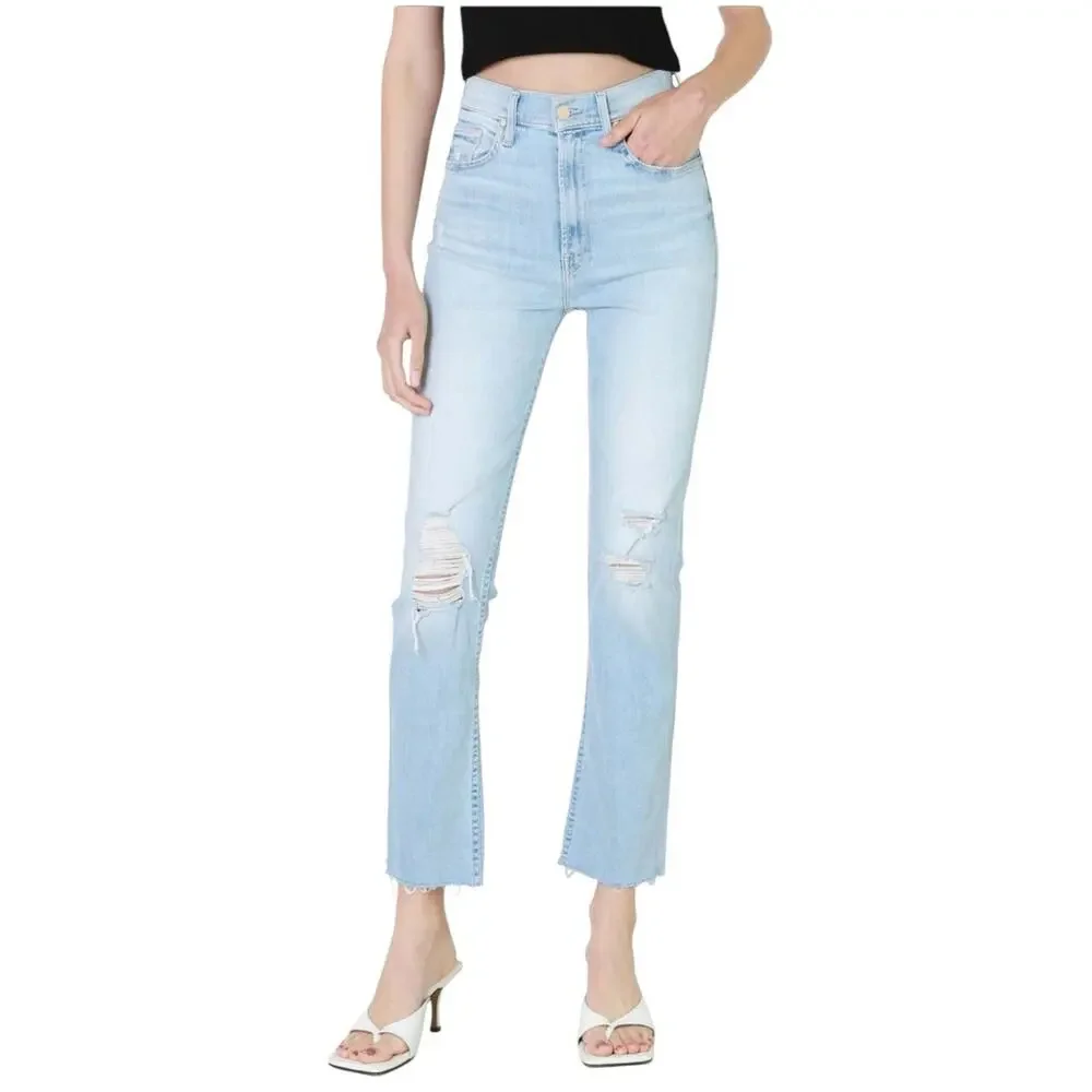Mother Rider Ankle Fray Jeans Light‎ Wash Distressed High Rise Size 28